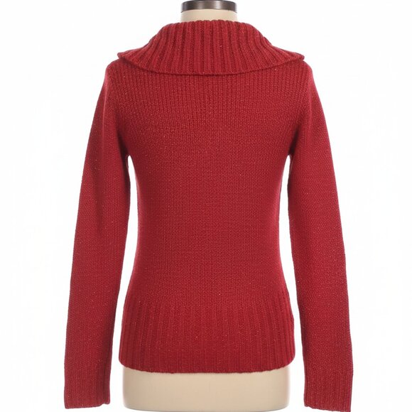 Women's Petite Junior Deep Red Turtle Neck Ribbed Cuff Glitter Sweater Size M - Picture 2 of 5